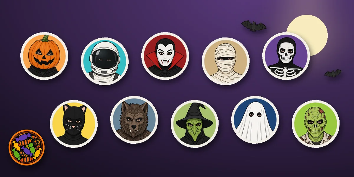 Halloween costumes for trick-or-treating: pumpkin, astronaut, vampire, mummy, skeleton, cat, werewolf, witch, ghost and zombie