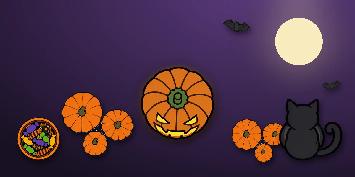 Carved Halloween pumpkin jack-o'-lantern glowing, with small pumpkins, a black cat and bats under a full moon
