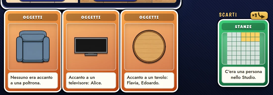 Tre carte in mano e, a destra, l'ultima scartata: lo scarto resta scoperto e il rivale lo legge.