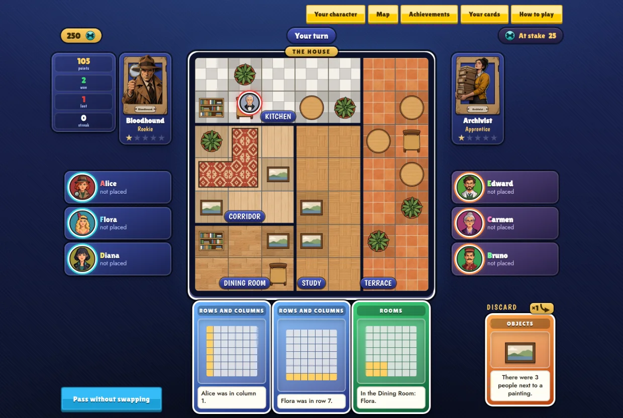 A real game: your card and your rival's on either side, the floor plan in the middle and your hand of cards below.