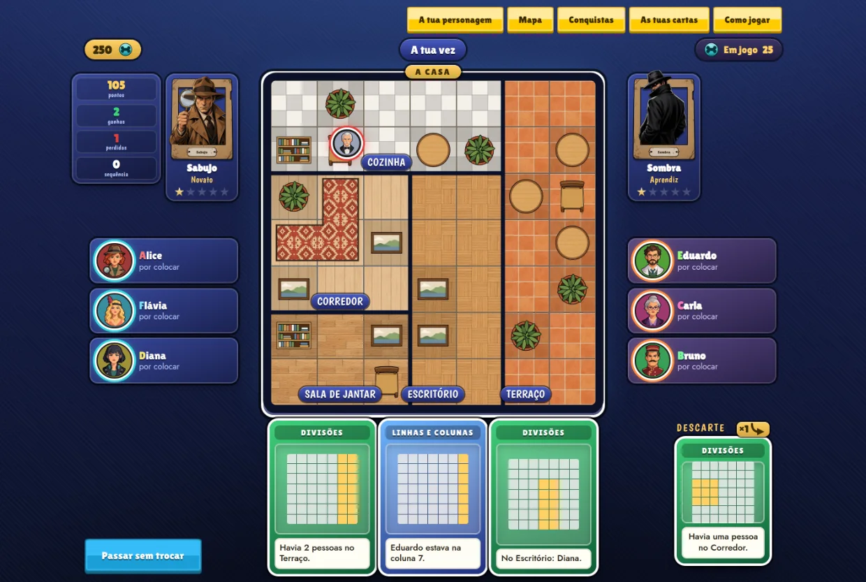Um jogo a sério: a tua carta e a do rival dos lados, a planta no meio e a tua mão de cartas em baixo.