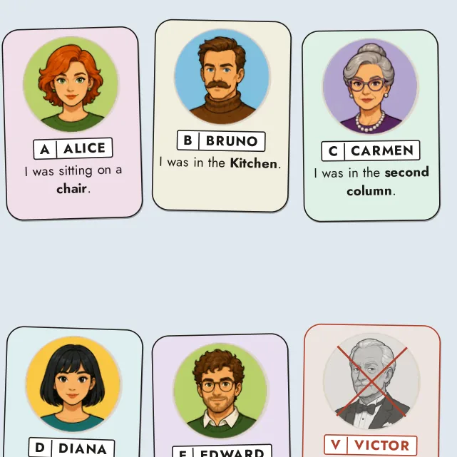 The suspects' cards for case 1